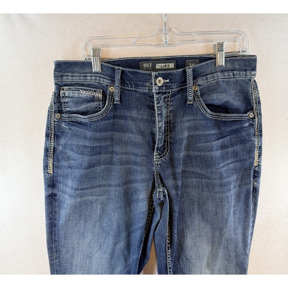 BKE Buckle Jeans Mens 34x34 Blue Denim JAKE Pants, Straight Leg, Distressed